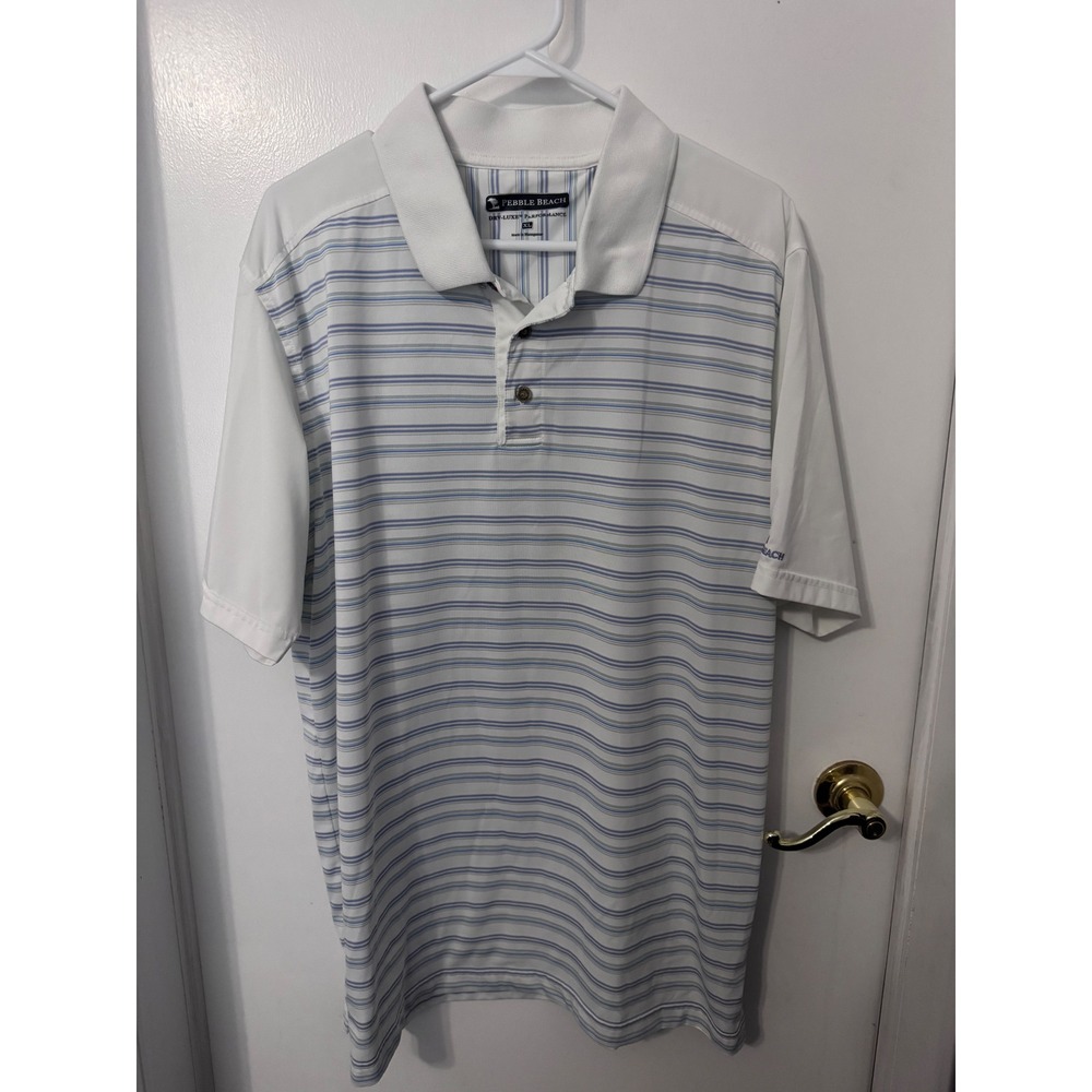 Pebble Beach Dry-Luxe Performance Mens XL Polo Shirt Striped Blue White Golf Tee